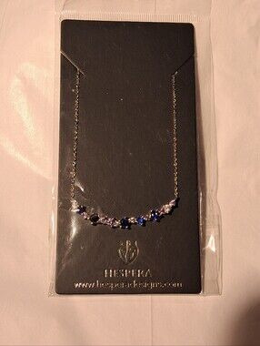 Hespera September Birthstone Necklace  Sapphire Blue  Curved Bar Silver Tone NIP